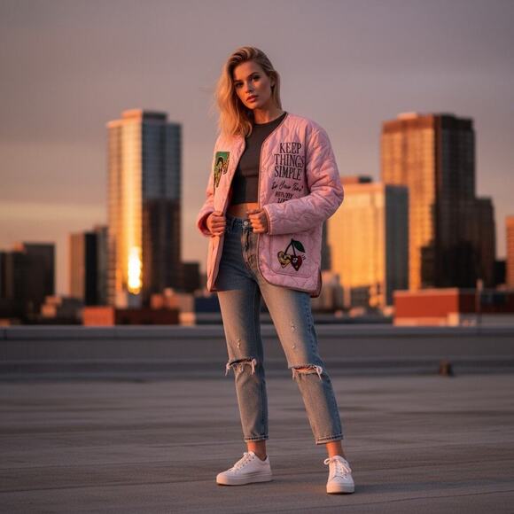 NWT First Row Denim "Keep Things Simple" Pink Quilted Jacket Enjoy Life – Small - Picture 7 of 12